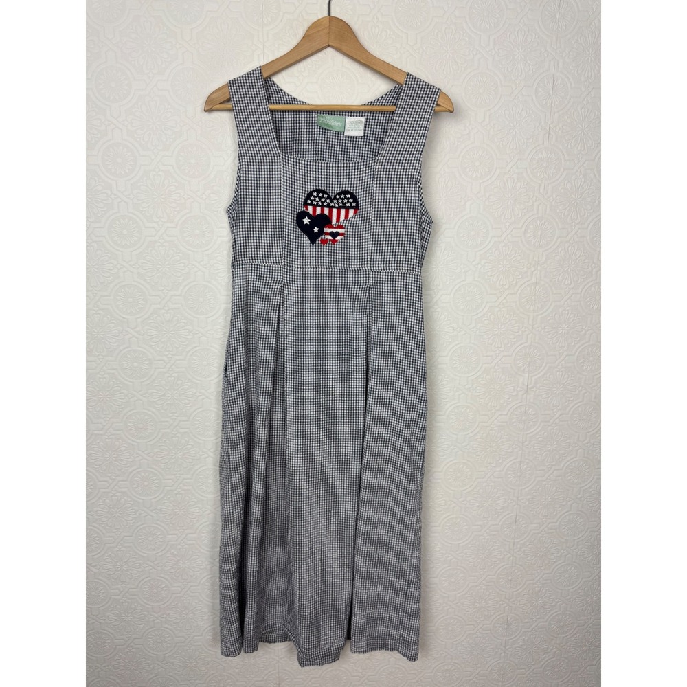 Vintage Gingham Midi Dress Navy  220 Hickory White Patriotic Hearts Small Cotton